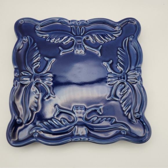 California Pottery Other - California Pottery N-382 Blue Glossy Ceramic 7" Trivet Mid-Century Floral